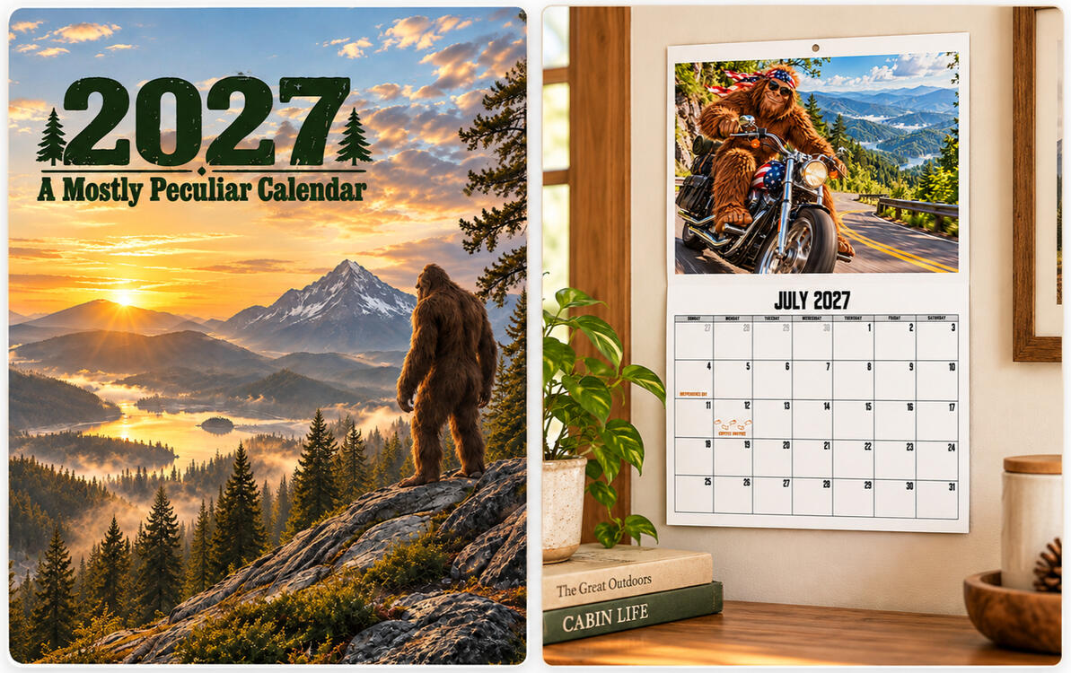 2027 Mostly Peculiar Bigfoot wall calendar cover and hanging calendar mockup